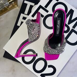 Sergio Rossi 95mm Tyra Embellished Satin Mules Heel Pumps in Fuchsia Womens 37